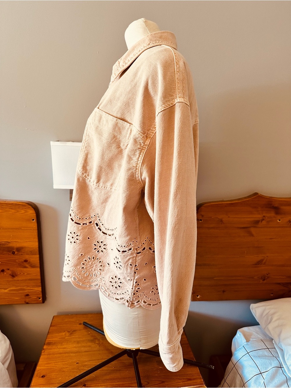 Zara Blush Pink Eyelet-Hem Denim Jean Jacket M L XL - Picture 7 of 16